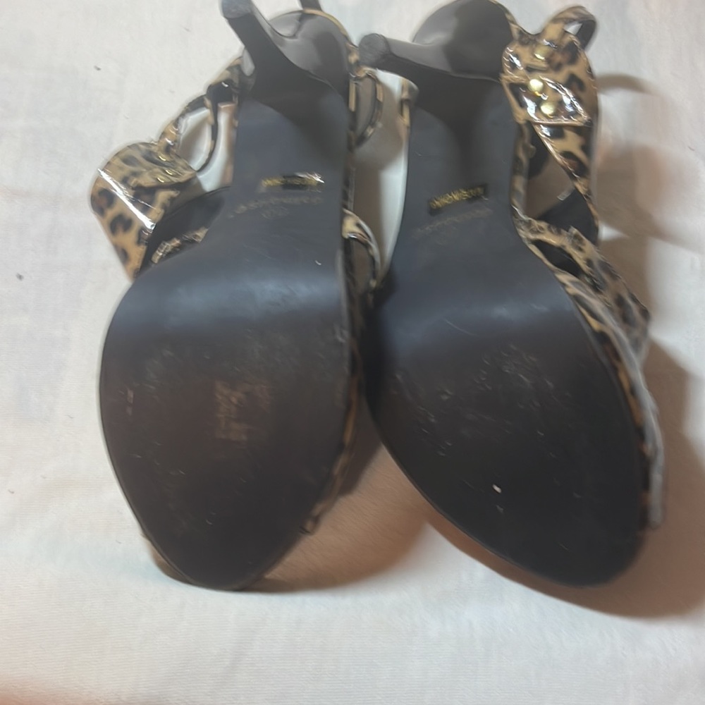 Leopard Print Open-Toe Women's Heels - Gold Accents - Picture 3 of 4